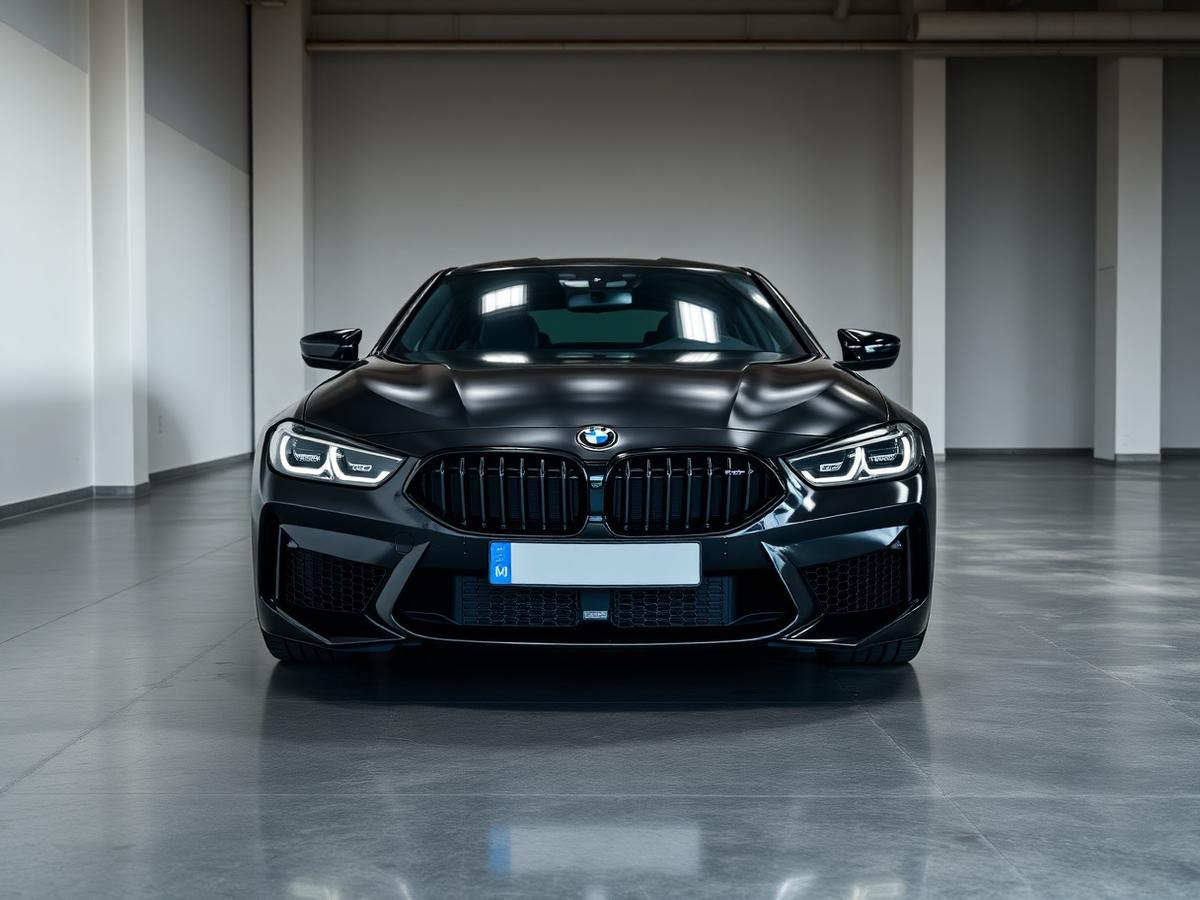 Black 2021 BMW M4 Competition front view on polished concrete