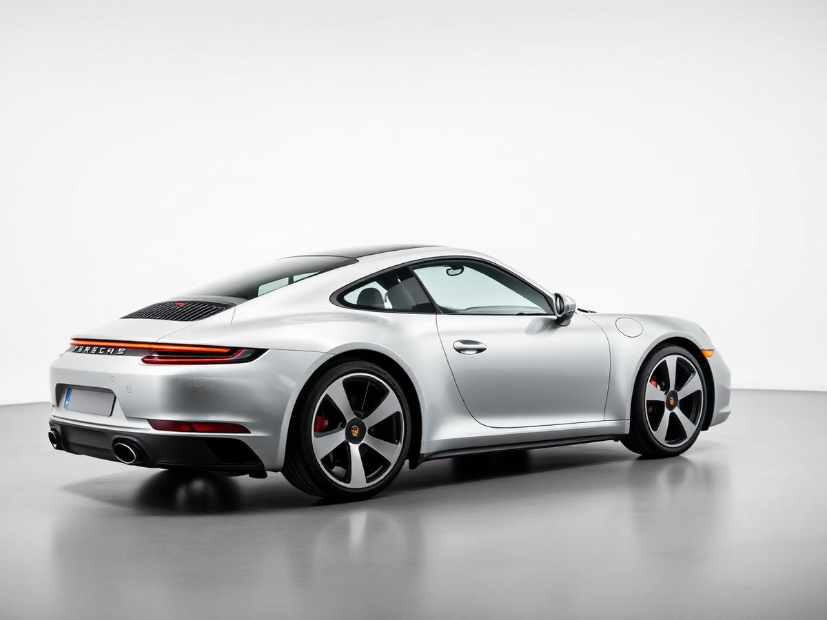 Silver 2022 Porsche 911 Carrera S, side profile in a studio